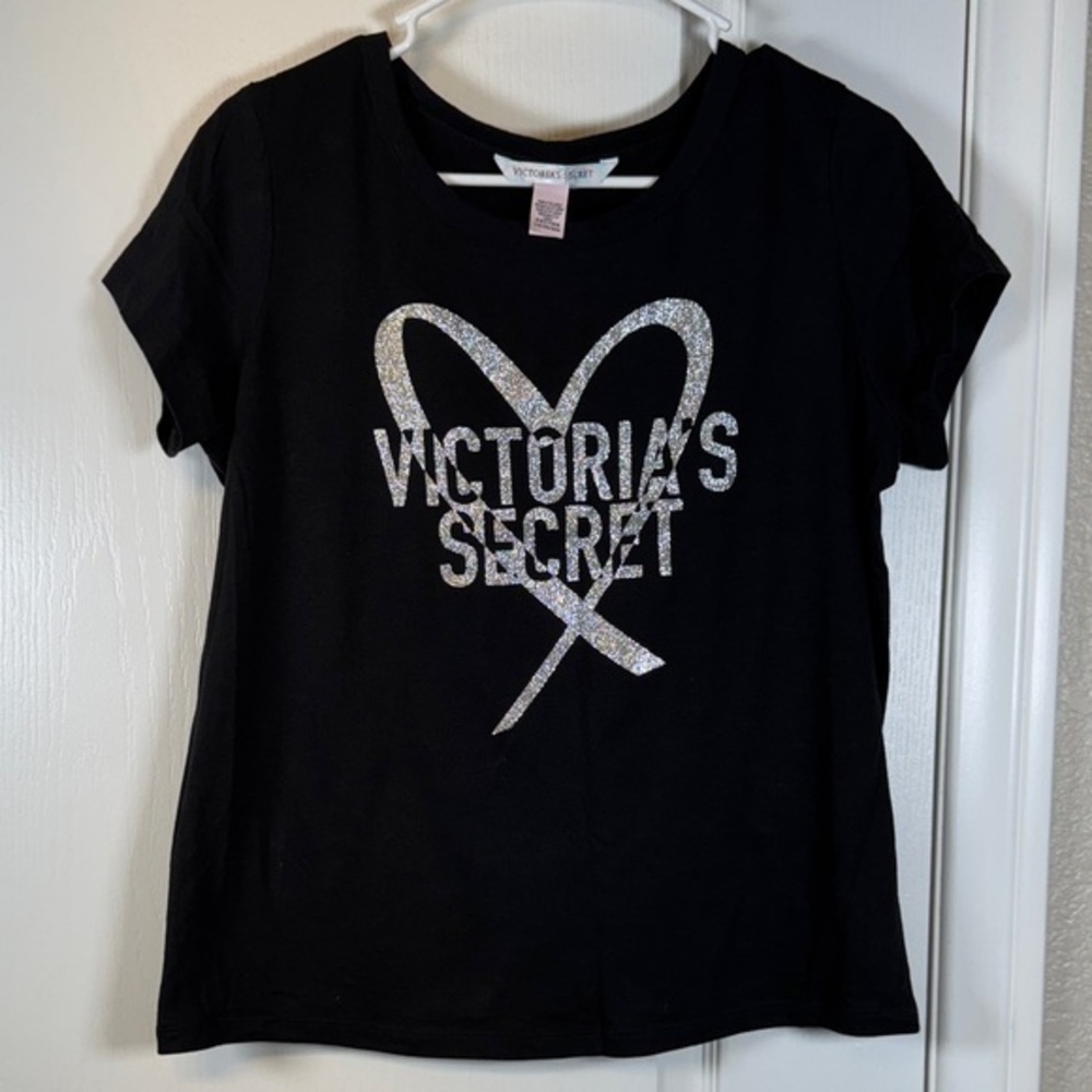 Victoria's Secret Black Graphic Glittery Shirt Size Large EUC #5843